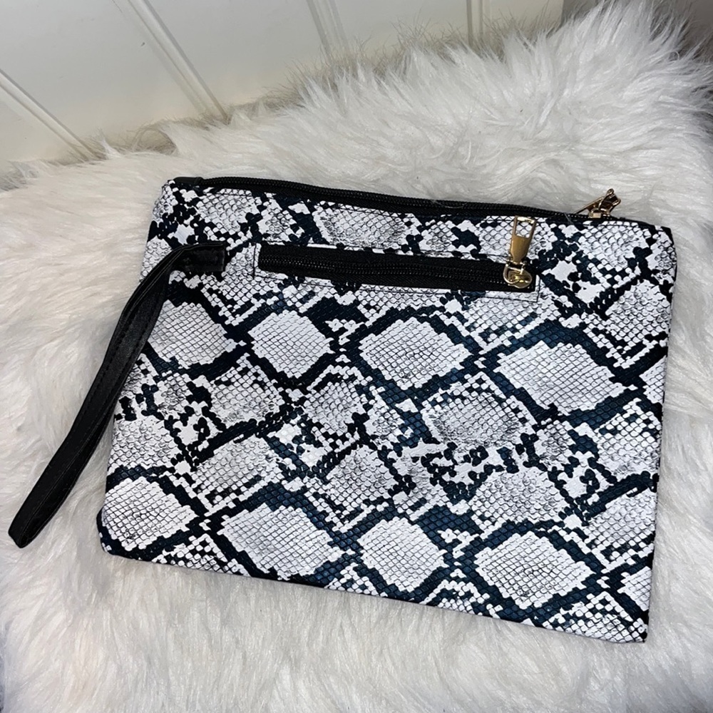 FAUX leather black white snakeskin print wristlet